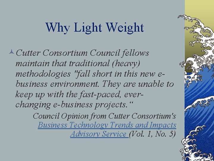 Why Light Weight ©Cutter Consortium Council fellows maintain that traditional (heavy) methodologies "fall short