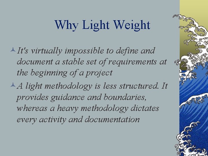 Why Light Weight ©It's virtually impossible to define and document a stable set of