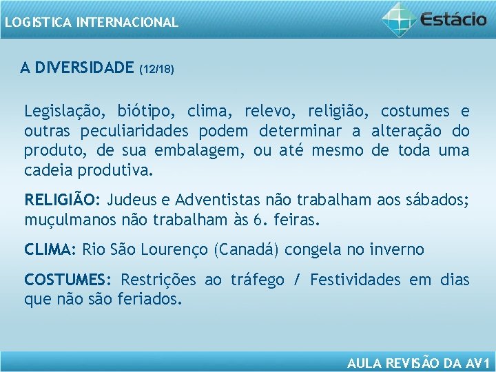 LOGISTICA INTERNACIONAL A DIVERSIDADE (12/18) Legislação, biótipo, clima, relevo, religião, costumes e outras peculiaridades