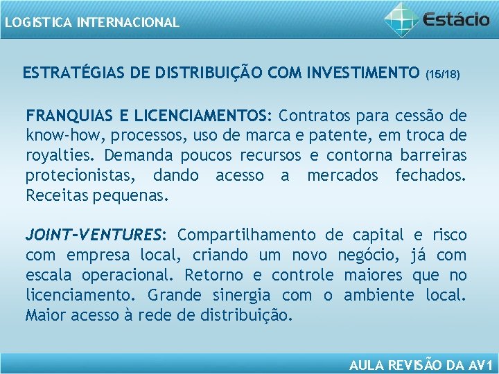 LOGISTICA INTERNACIONAL ESTRATÉGIAS DE DISTRIBUIÇÃO COM INVESTIMENTO (15/18) FRANQUIAS E LICENCIAMENTOS: Contratos para cessão