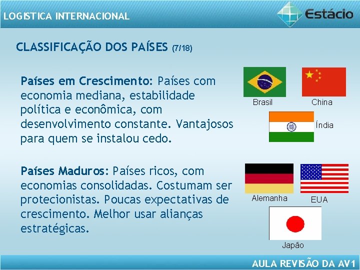 LOGISTICA INTERNACIONAL CLASSIFICAÇÃO DOS PAÍSES (7/18) Países em Crescimento: Países com economia mediana, estabilidade