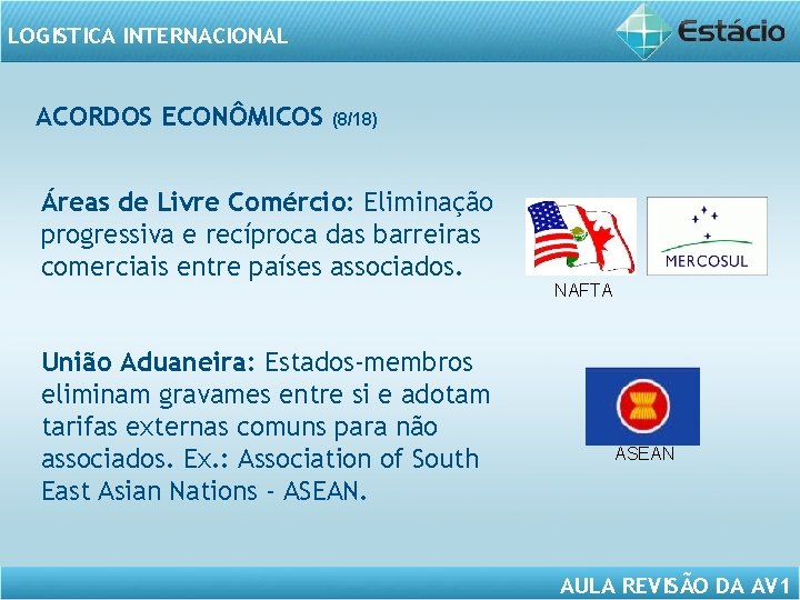 LOGISTICA INTERNACIONAL ACORDOS ECONÔMICOS (8/18) Áreas de Livre Comércio: Eliminação progressiva e recíproca das