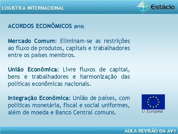 LOGISTICA INTERNACIONAL ACORDOS ECONÔMICOS (9/18) Mercado Comum: Eliminam-se as restrições ao fluxo de produtos,