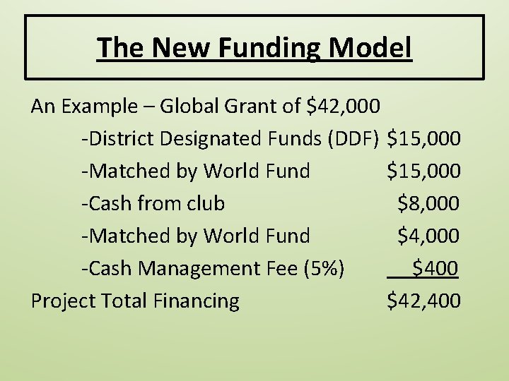 The New Funding Model An Example – Global Grant of $42, 000 -District Designated The New Funding Model An Example – Global Grant of $42, 000 -District Designated