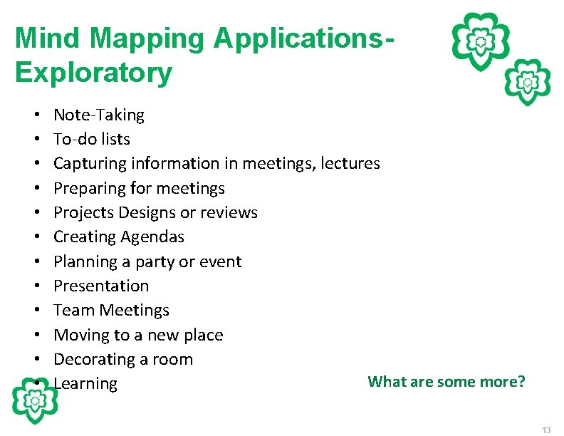 Mind Mapping Applications. Exploratory • • • Note-Taking To-do lists Capturing information in meetings,