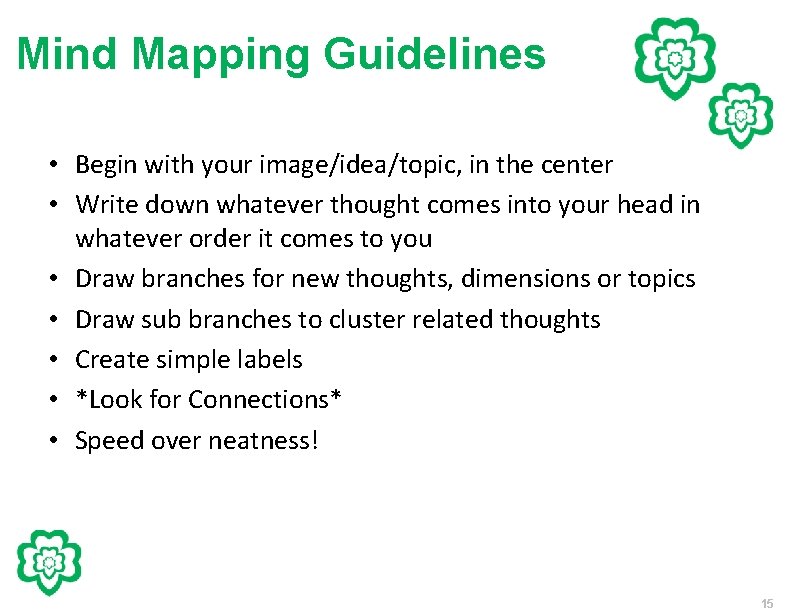 Mind Mapping Guidelines • Begin with your image/idea/topic, in the center • Write down