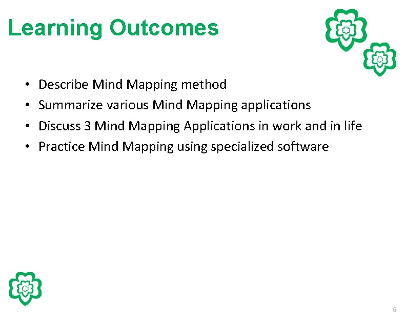 Learning Outcomes • • Describe Mind Mapping method Summarize various Mind Mapping applications Discuss