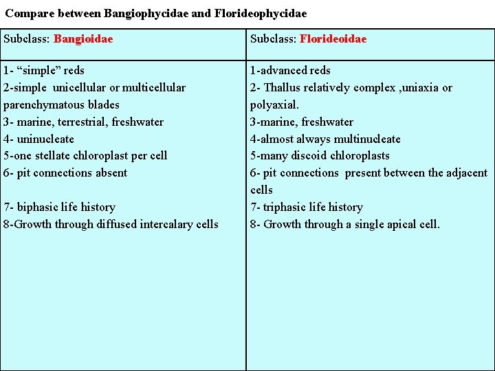 Compare between Bangiophycidae and Florideophycidae Subclass: Bangioidae Subclass: Florideoidae 1 - “simple” reds 2