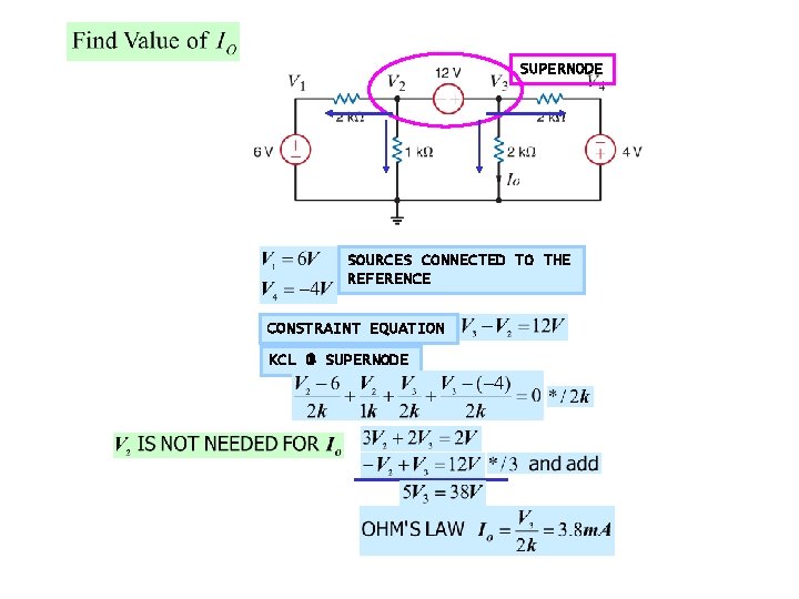 SUPERNODE SOURCES CONNECTED TO THE REFERENCE CONSTRAINT EQUATION KCL @ SUPERNODE 