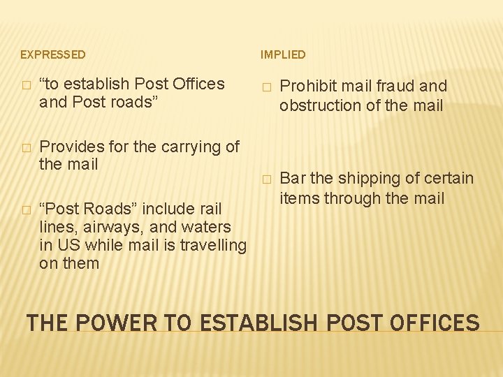 EXPRESSED � “to establish Post Offices and Post roads” � Provides for the carrying