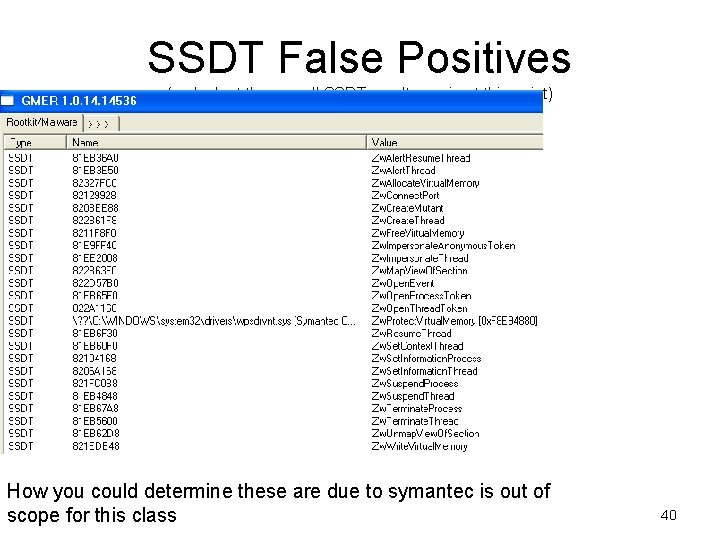 SSDT False Positives (go look at the overall SSDT results again at this point) SSDT False Positives (go look at the overall SSDT results again at this point)