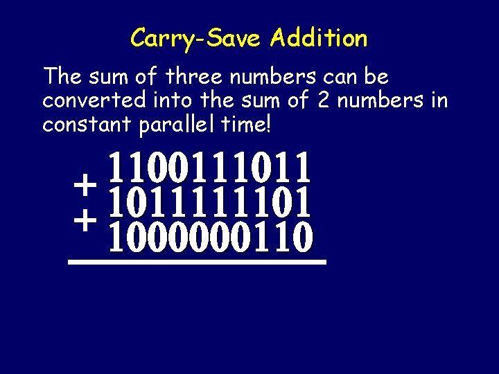 Carry-Save Addition The sum of three numbers can be converted into the sum of