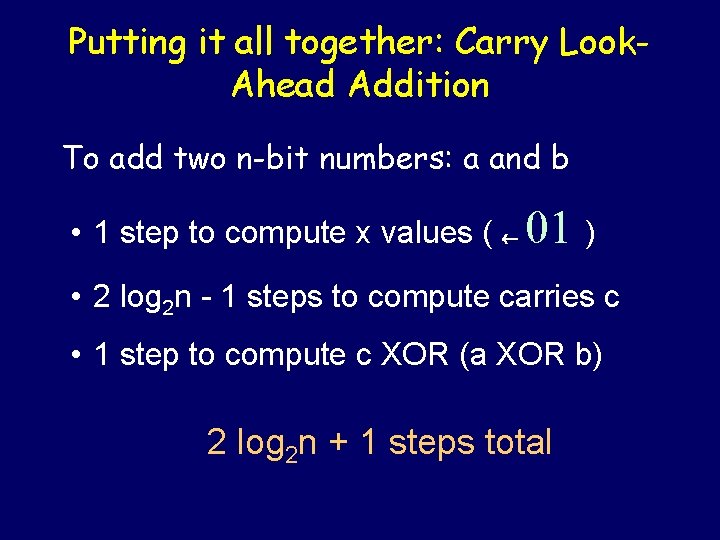 Putting it all together: Carry Look. Ahead Addition To add two n-bit numbers: a