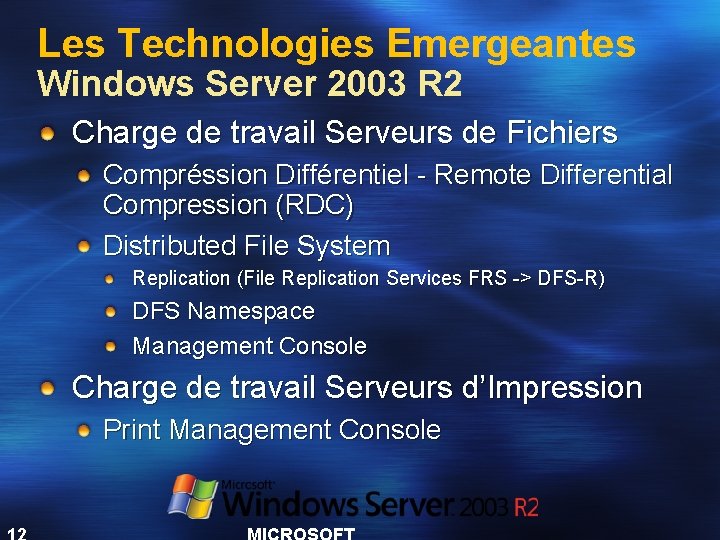Les Technologies Emergeantes Windows Server 2003 R 2 Charge de travail Serveurs de Fichiers