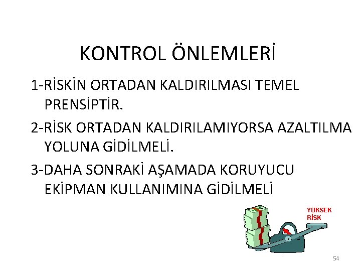 KONTROL ÖNLEMLERİ 1 -RİSKİN ORTADAN KALDIRILMASI TEMEL PRENSİPTİR. 2 -RİSK ORTADAN KALDIRILAMIYORSA AZALTILMA YOLUNA