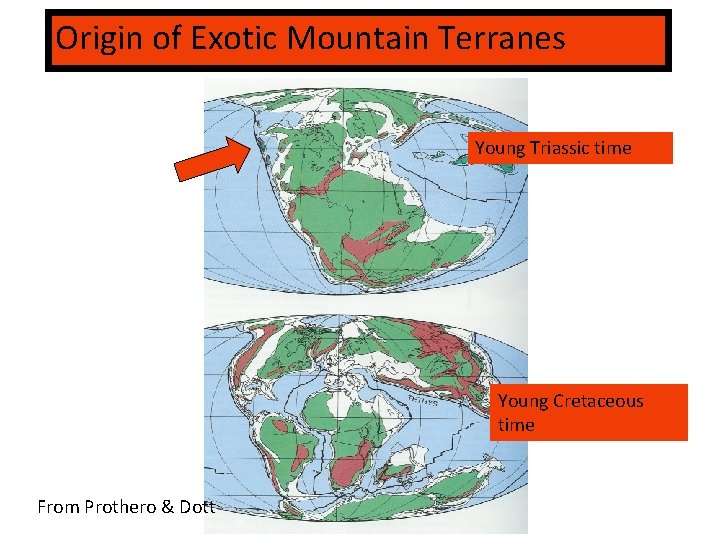 Origin of Exotic Mountain Terranes Young Triassic time Young Cretaceous time From Prothero &