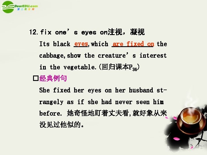 12. fix one’s eyes on注视，凝视 Its black eyes, which are fixed on the cabbage,