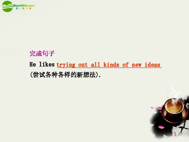 完成句子 He likes trying out all kinds of new ideas (尝试各种各样的新想法). 