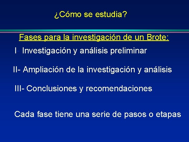 ¿Cómo se estudia? Fases para la investigación de un Brote: I- Investigación y análisis