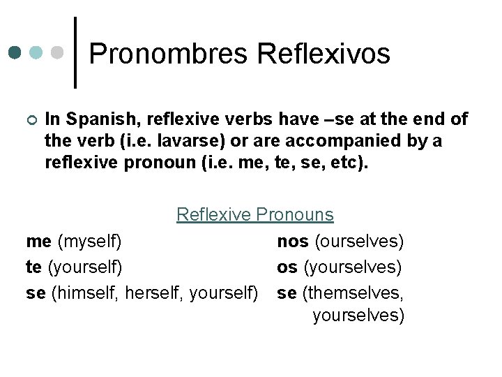 Pronombres Reflexivos ¢ In Spanish, reflexive verbs have –se at the end of the