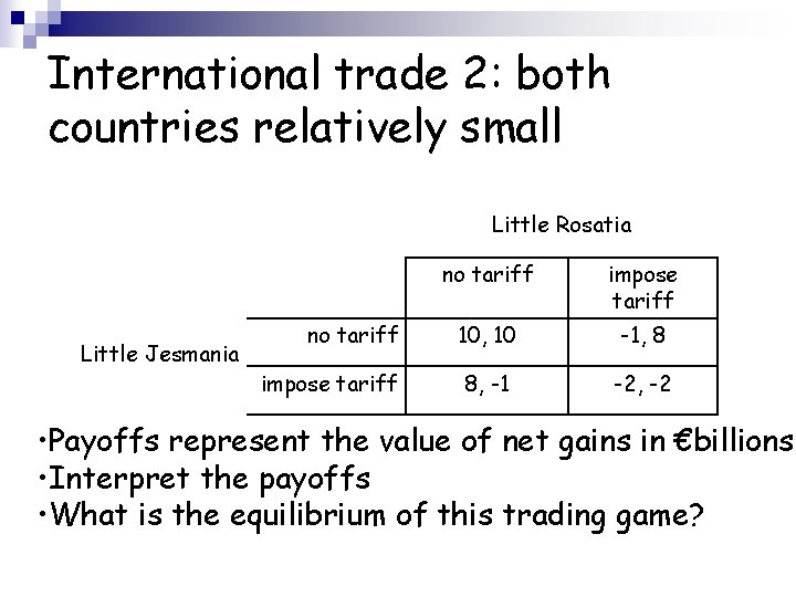 International trade 2: both countries relatively small Little Rosatia Little Jesmania no tariff impose