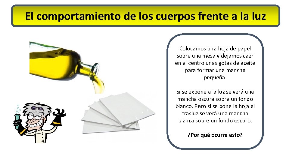 El comportamiento de los cuerpos frente a la luz Colocamos una hoja de papel