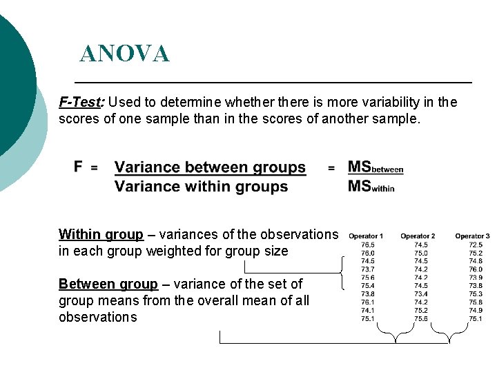 ANOVA F-Test: Used to determine whethere is more variability in the scores of one