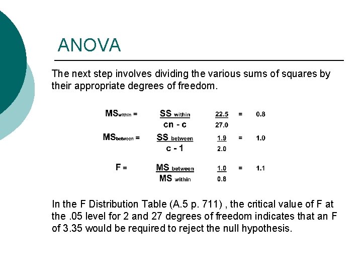 ANOVA The next step involves dividing the various sums of squares by their appropriate