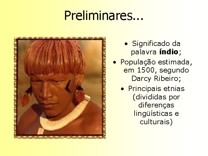 Preliminares. . . • Significado da palavra índio; • População estimada, em 1500, segundo