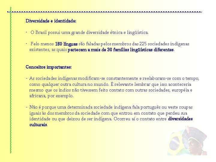 Diversidade e identidade: • O Brasil possui uma grande diversidade étnica e lingüística. •