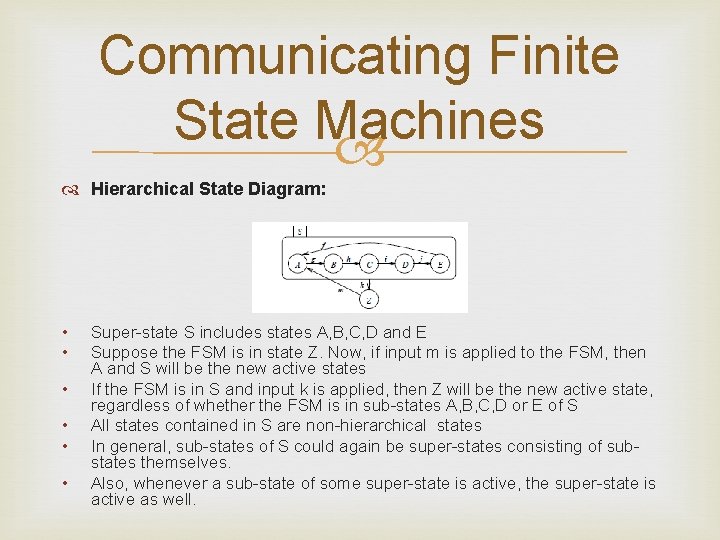 Communicating Finite State Machines Hierarchical State Diagram: • • • Super-state S includes states
