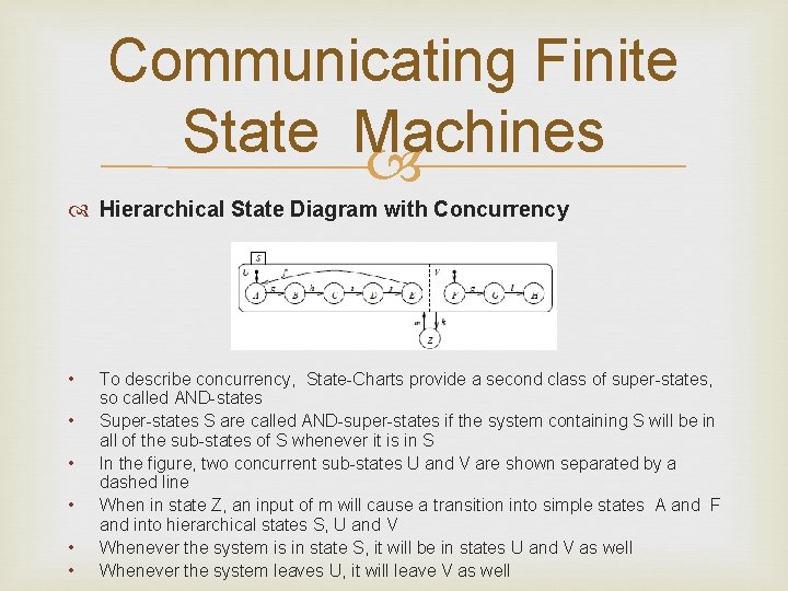 Communicating Finite State Machines Hierarchical State Diagram with Concurrency • • • To describe