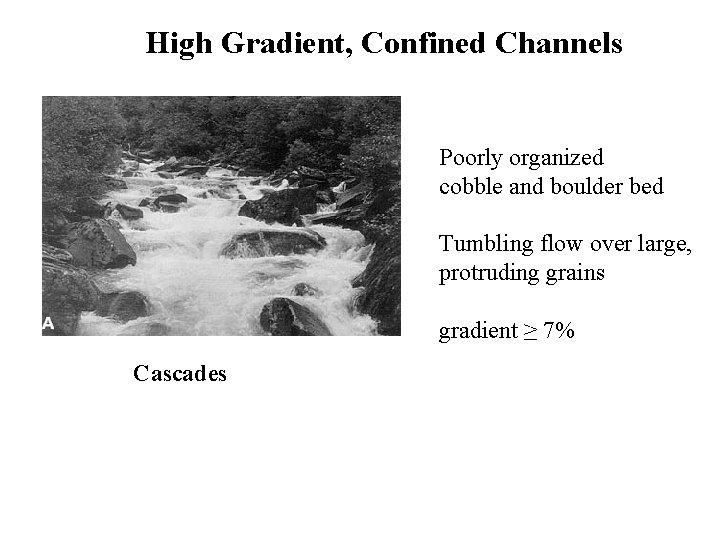 High Gradient, Confined Channels Poorly organized cobble and boulder bed Tumbling flow over large,