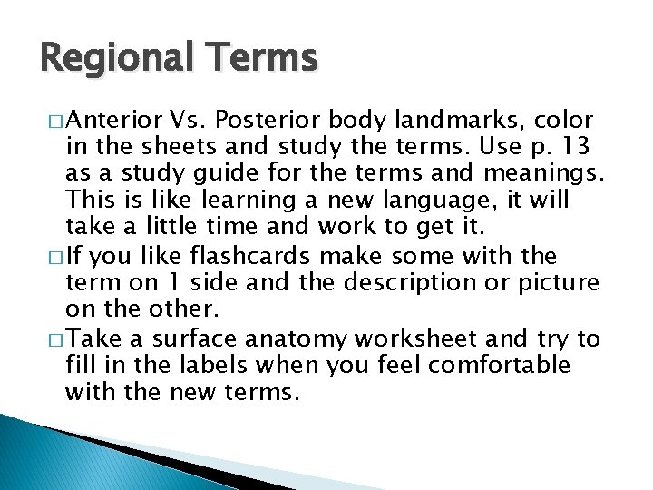 Regional Terms � Anterior Vs. Posterior body landmarks, color in the sheets and study