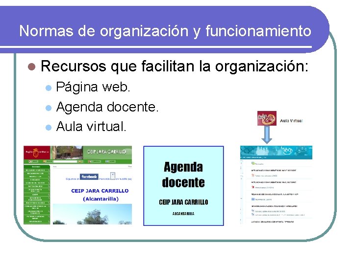 Normas de organización y funcionamiento l Recursos que facilitan la organización: Página web. l