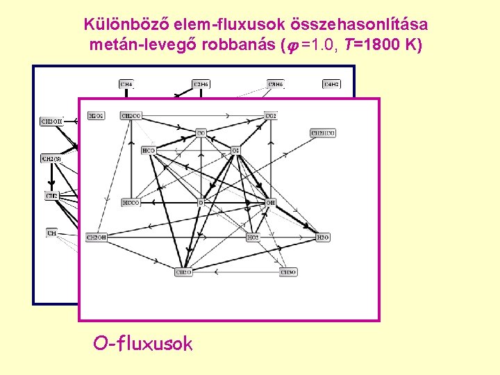 Különböző elem-fluxusok összehasonlítása metán-levegő robbanás ( =1. 0, T=1800 K) O-fluxusok 