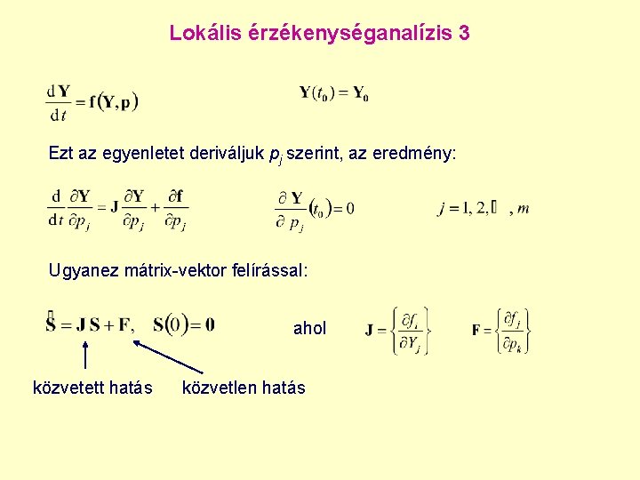 Lokális érzékenységanalízis 3 Ezt az egyenletet deriváljuk pj szerint, az eredmény: Ugyanez mátrix-vektor felírással: