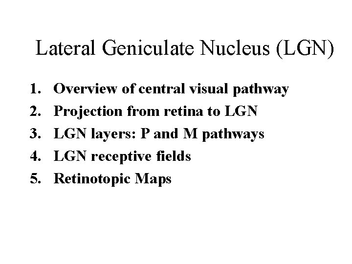 Lateral Geniculate Nucleus (LGN) 1. 2. 3. 4. 5. Overview of central visual pathway