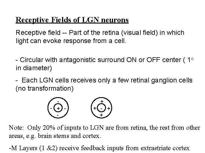 Receptive Fields of LGN neurons Receptive field -- Part of the retina (visual field)