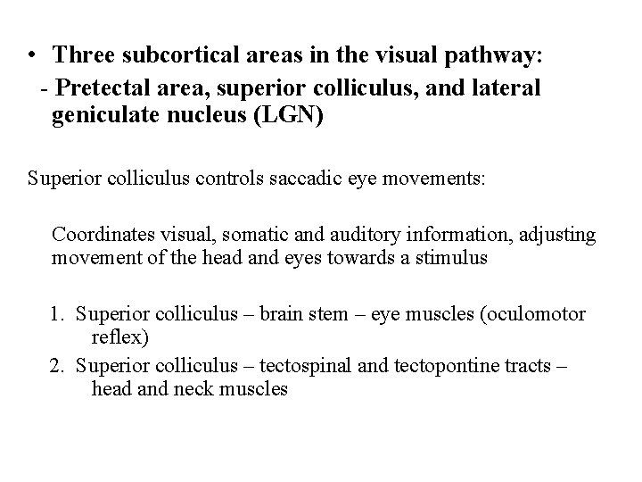  • Three subcortical areas in the visual pathway: - Pretectal area, superior colliculus,