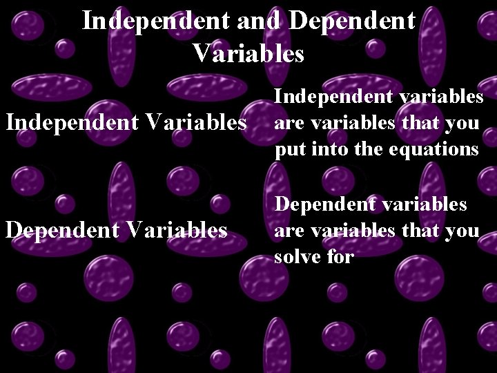 Independent and Dependent Variables Independent variables are variables that you put into the equations