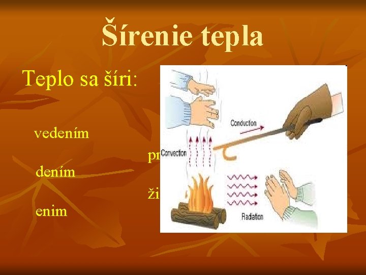 Šírenie tepla Teplo sa šíri: vedením enim prú žiar 