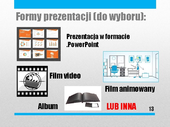 Formy prezentacji (do wyboru): Prezentacja w formacie. Power. Point Film video Film animowany Album