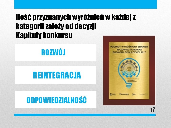 Ilość przyznanych wyróżnień w każdej z kategorii zależy od decyzji Kapituły konkursu ROZWÓJ REINTEGRACJA