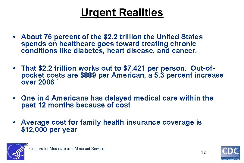 Urgent Realities • About 75 percent of the $2. 2 trillion the United States