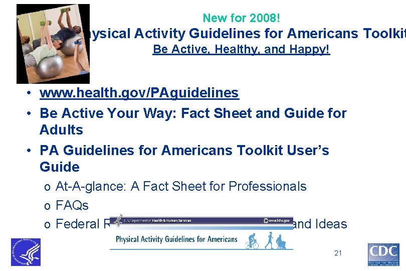 New for 2008! Physical Activity Guidelines for Americans Toolkit Be Active, Healthy, and Happy!