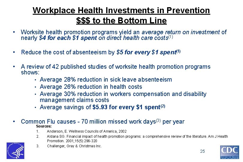 Workplace Health Investments in Prevention $$$ to the Bottom Line • Worksite health promotion