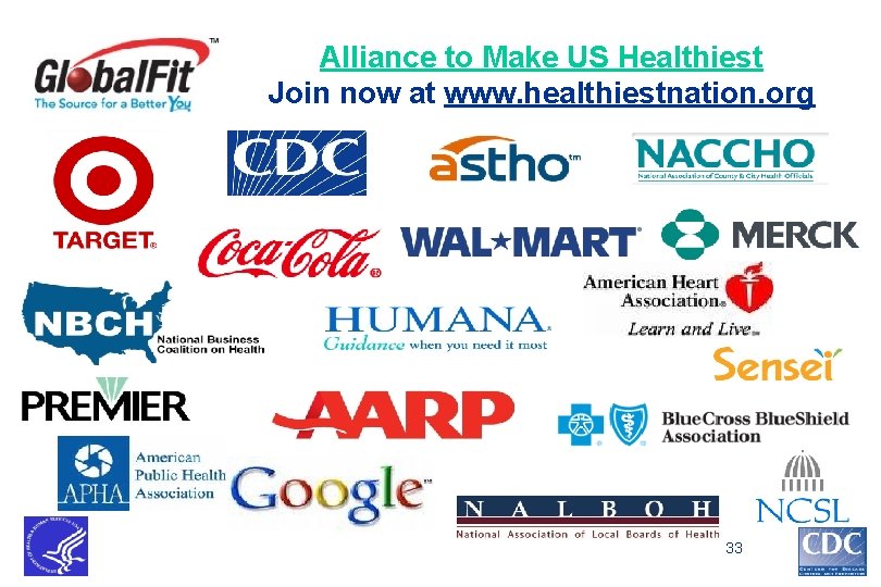 Alliance to Make US Healthiest Join now at www. healthiestnation. org 33 