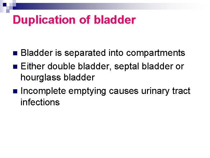 Duplication of bladder Bladder is separated into compartments n Either double bladder, septal bladder