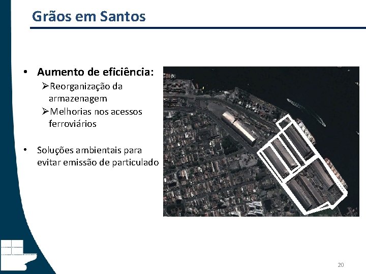 Grãos em Santos • Aumento de eficiência: ØReorganização da armazenagem ØMelhorias nos acessos ferroviários